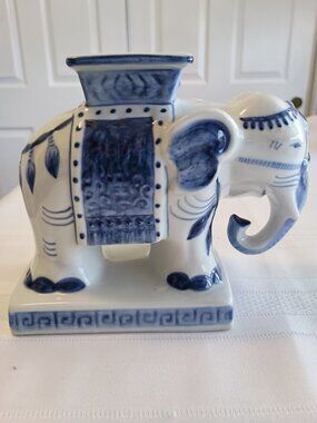 Vintage Blue and White Ceramic Elephant Planter Made in Thailand